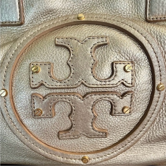 Tory Burch Pebbled Leather Gold Tote Shoulder Bag w/ Logo & 3 Pockets & Mirror - Picture 3 of 12